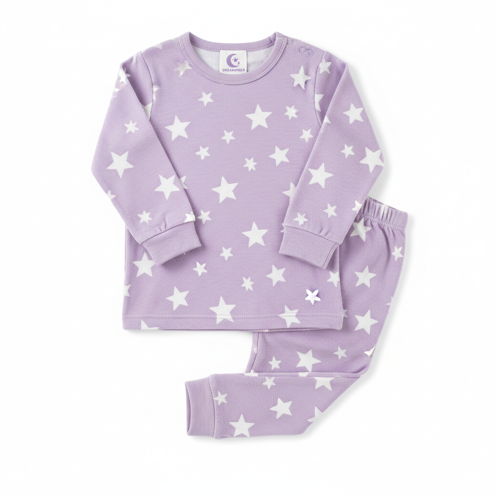 Soft lavender bamboo pajama set folded on white background, lightweight fabric detail