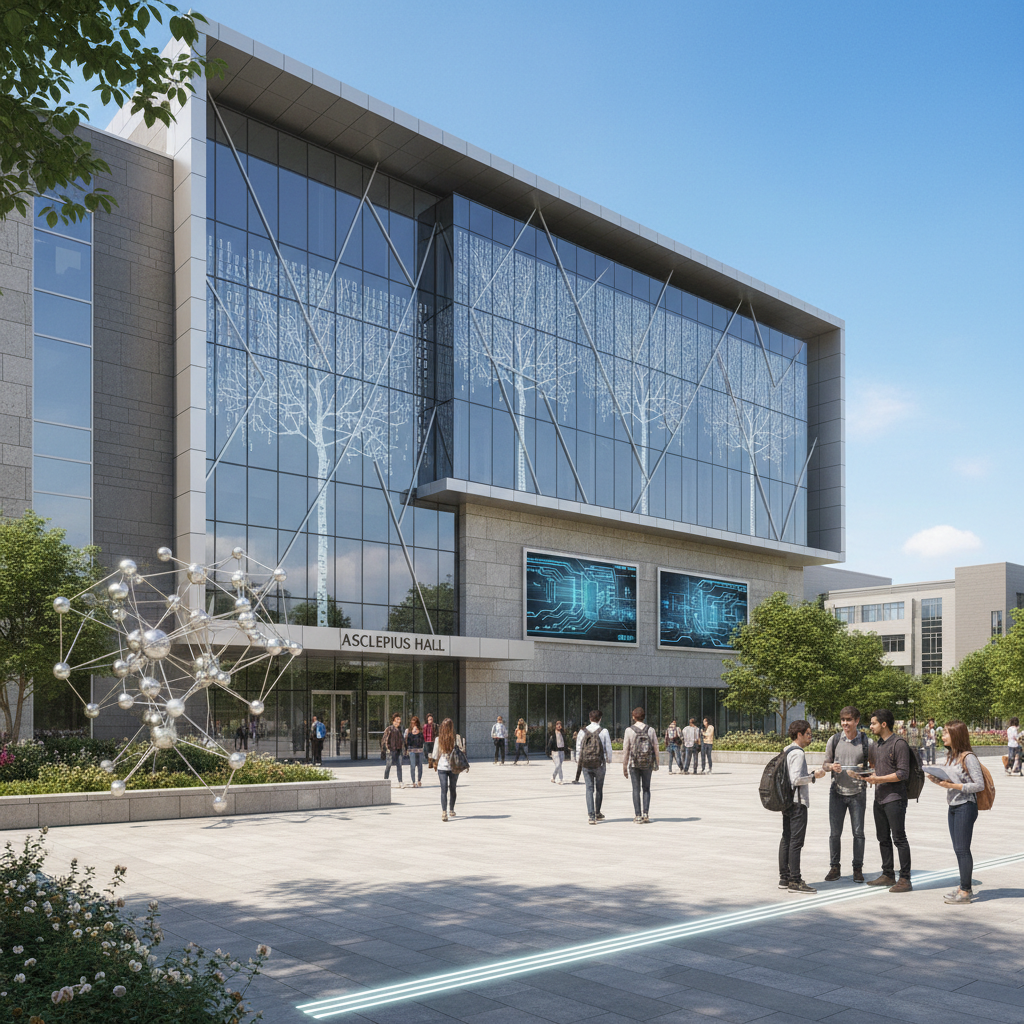 Modern university building with glass facade and students walking on campus