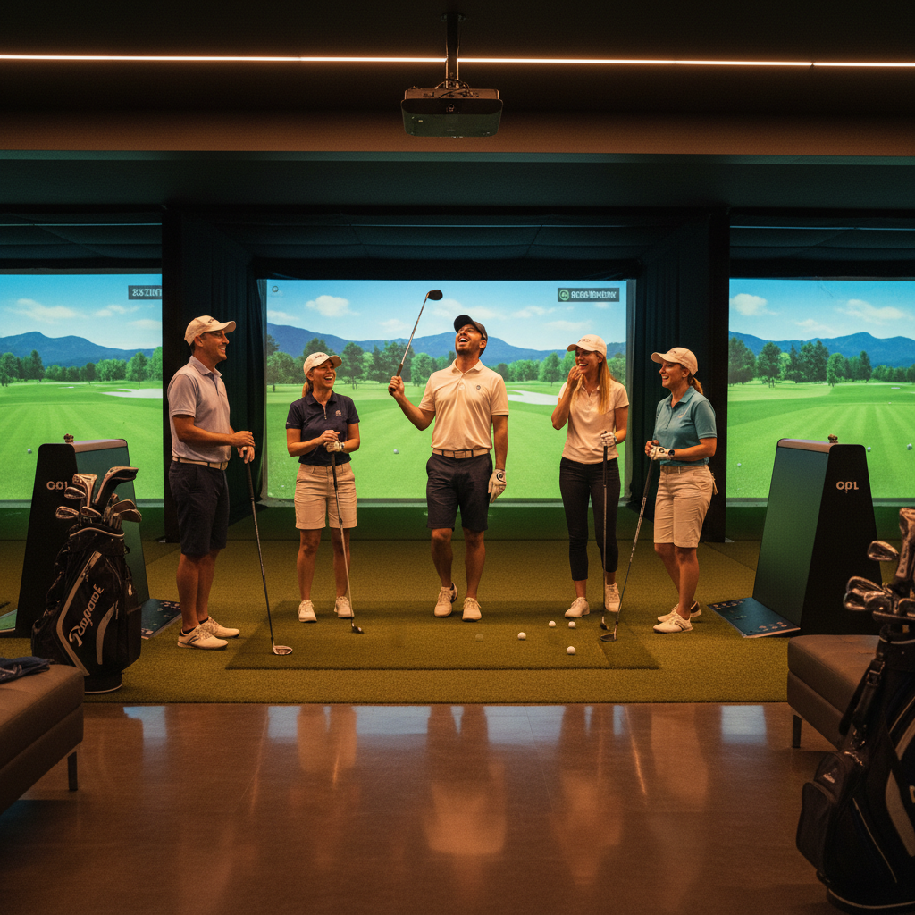 Group of golfers laughing inside a simulator bay, clubs in hand, screens glowing behind them
