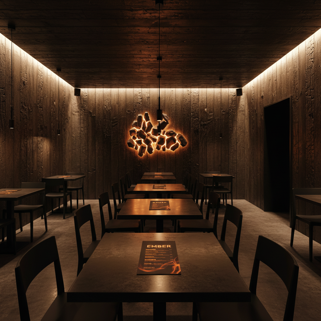 Ember restaurant with charred wood interior, glowing ember-toned lighting, and minimalist black menu with burnt-orange typography