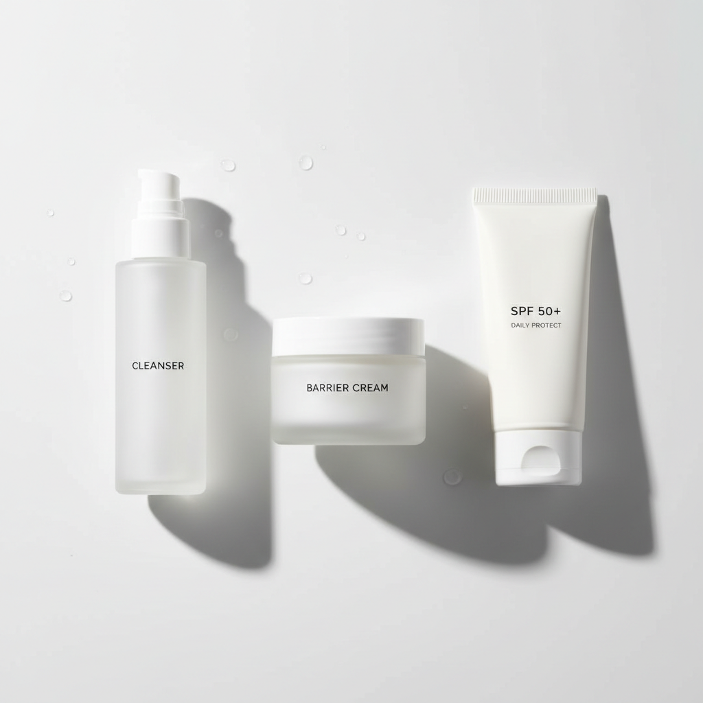 Skincare products neatly arranged on clean white surface, morning light, minimalist beauty routine