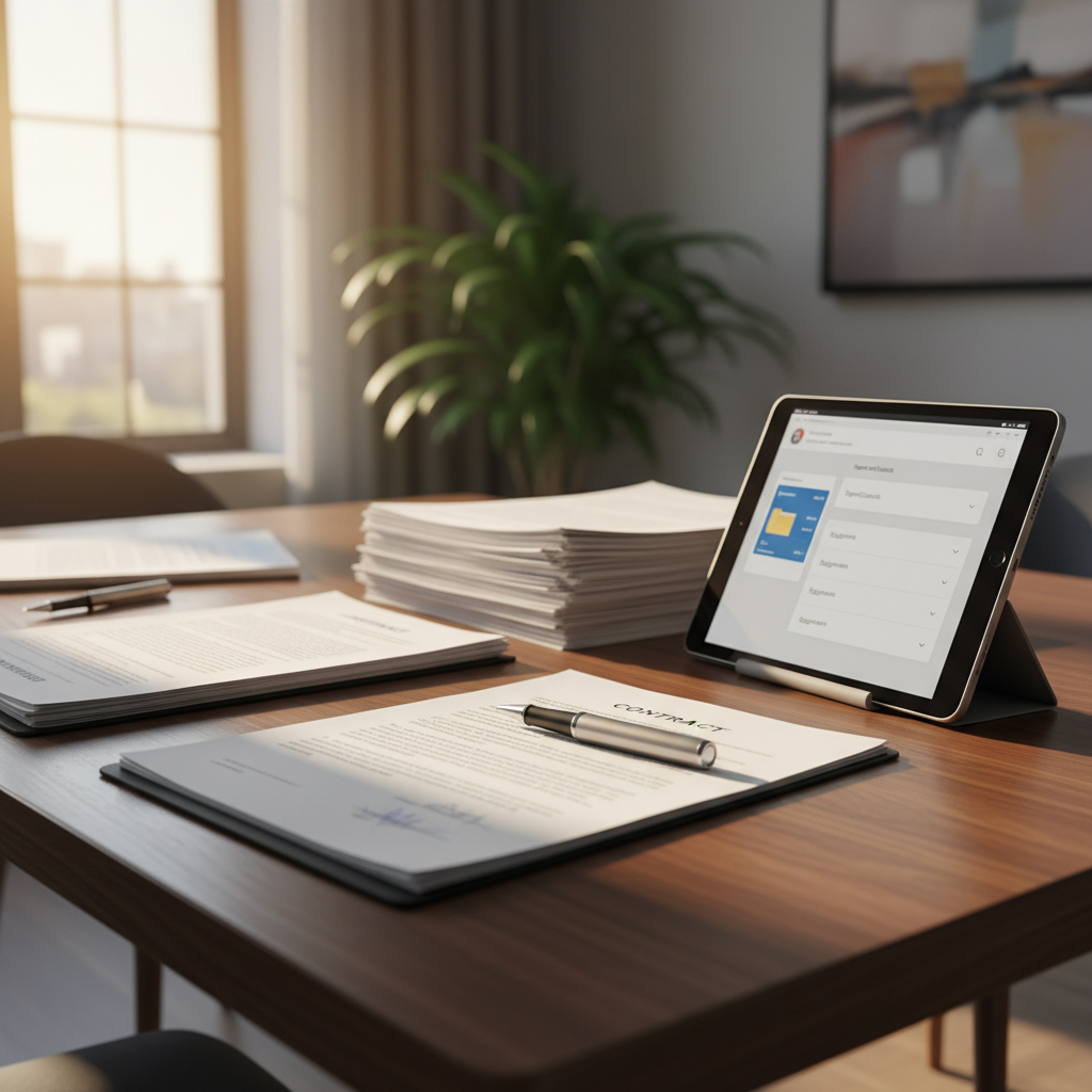 Modern closing table with documents, pen, and tablet showing signed contracts under warm directional light