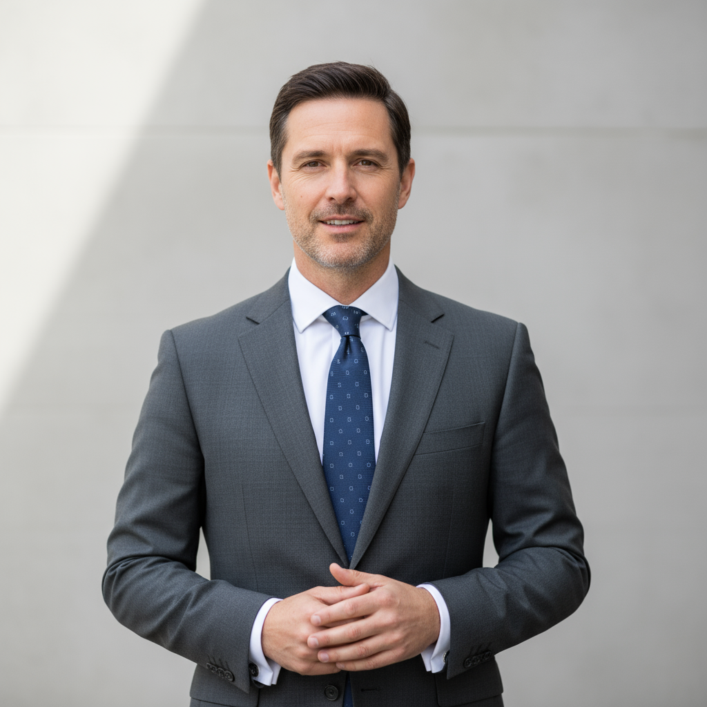 Professional man in business attire, confident expression, neutral background