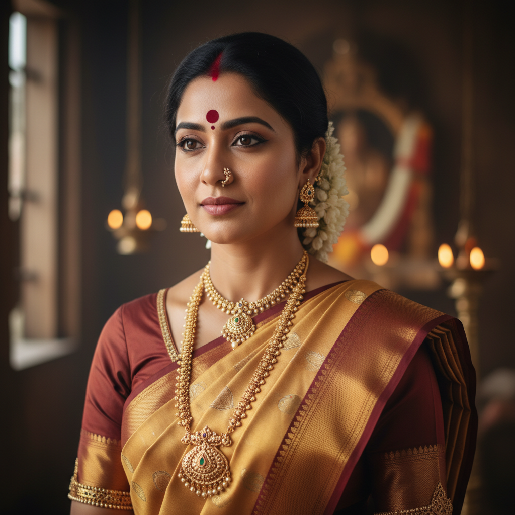 South Indian woman with traditional jewelry, warm smile, bright natural light