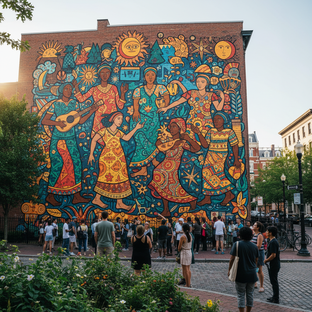 A vibrant community mural with colorful figures representing cultural heritage