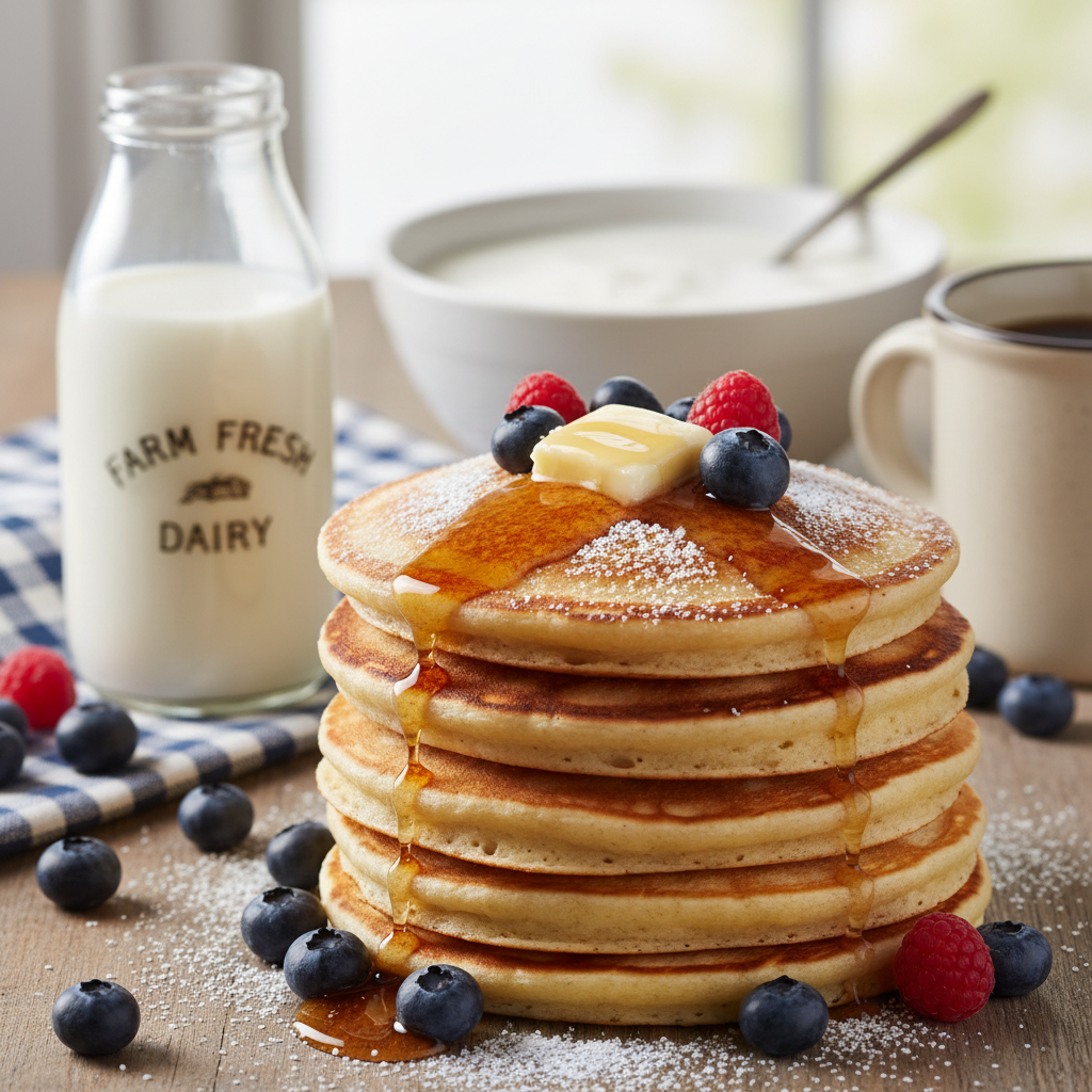 Fluffy golden pancakes stacked high with fresh berries and maple syrup on a white plate in bright morning light