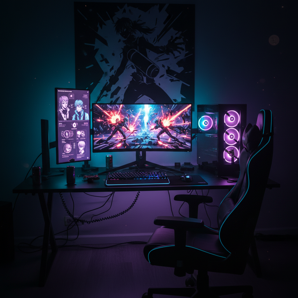 Dark gaming setup with monitor glow, low-key moody atmosphere