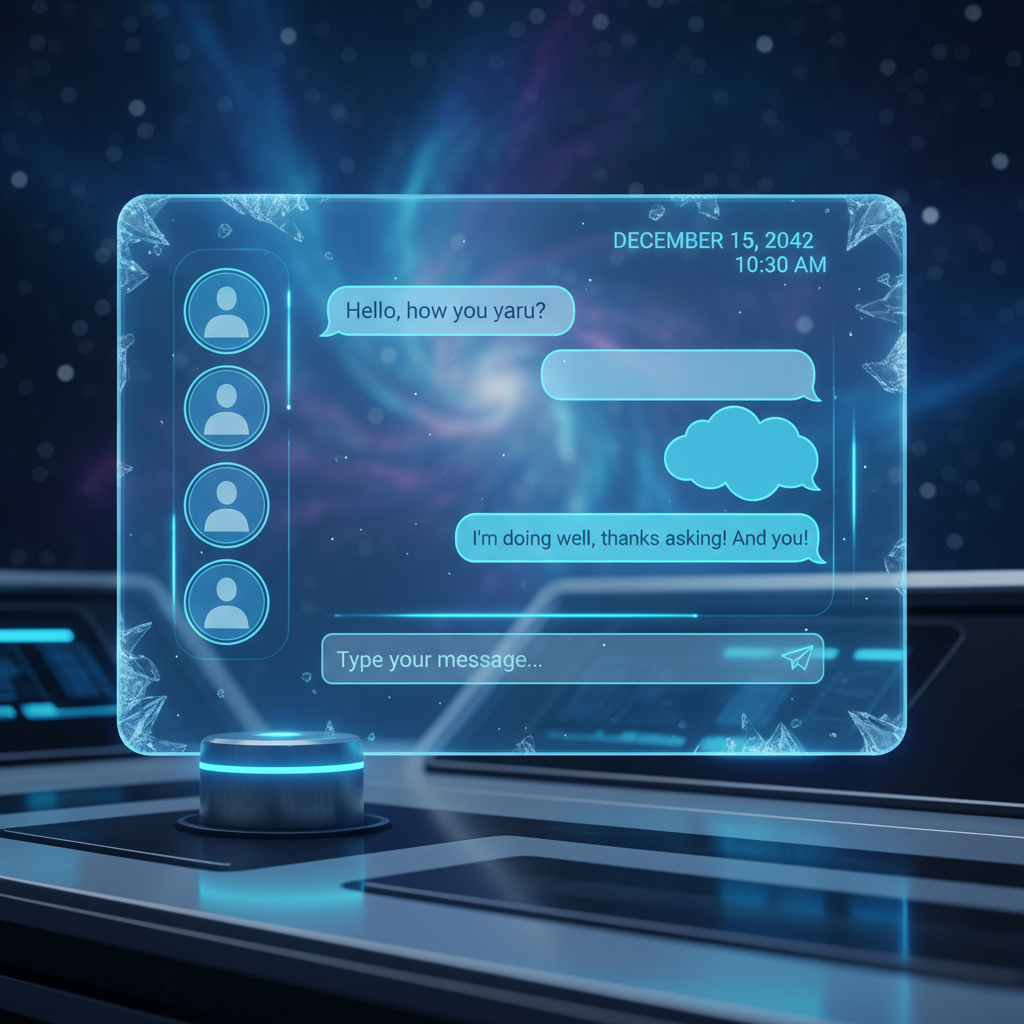 Dark interface with glowing blue chat bubbles on deep navy background, modern messaging UI