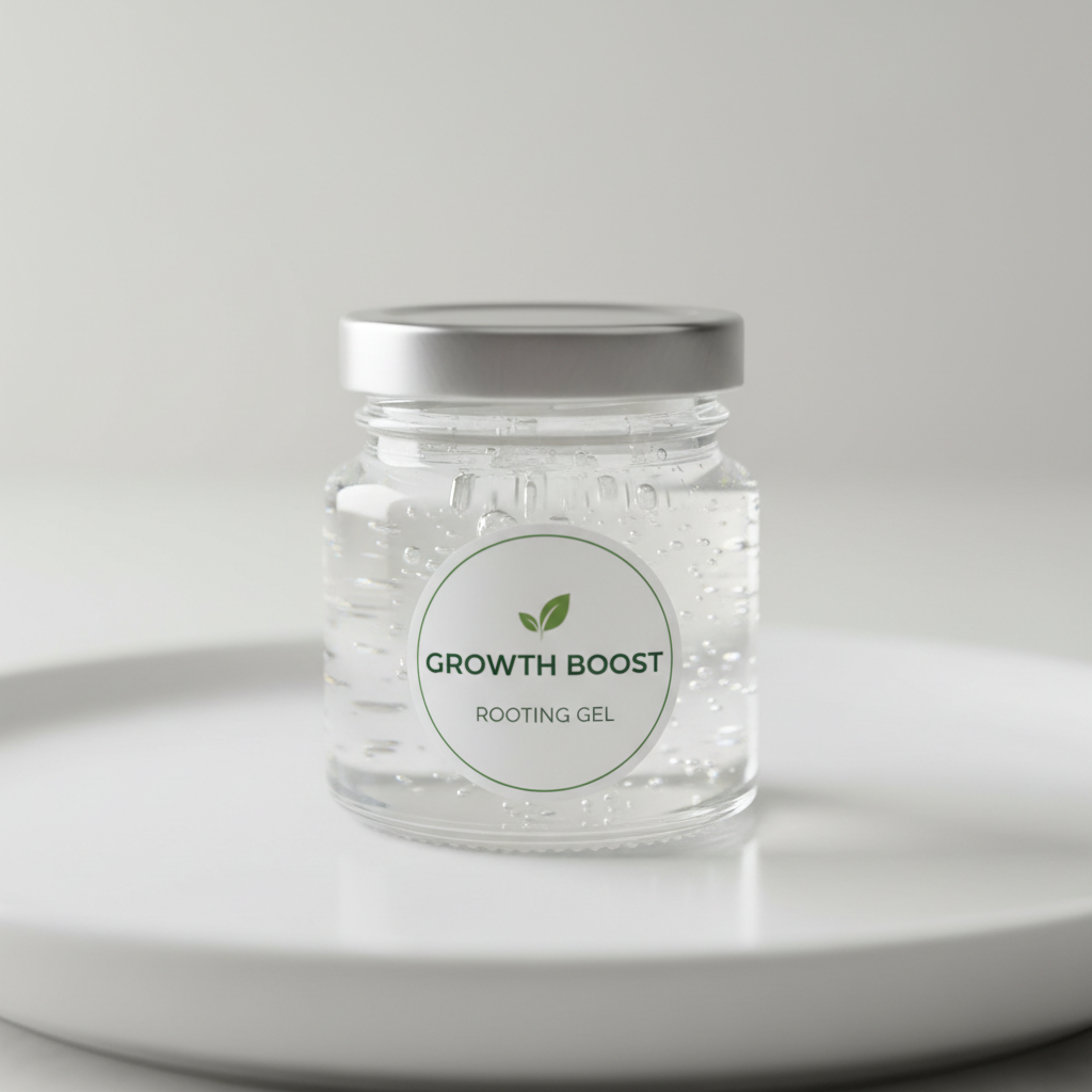 Small jar of clear rooting hormone gel beside a tray of succulent cuttings