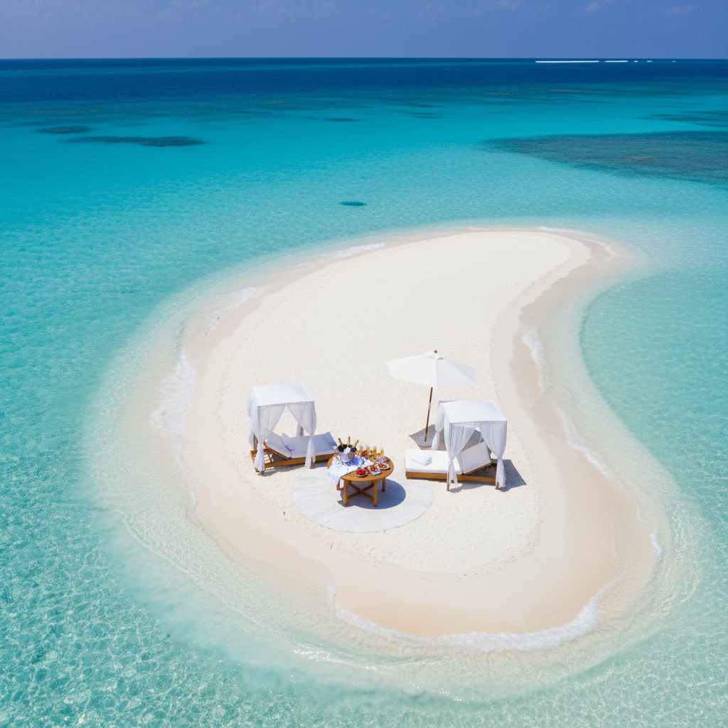 Private sandbar in the middle of the Indian Ocean with champagne setup