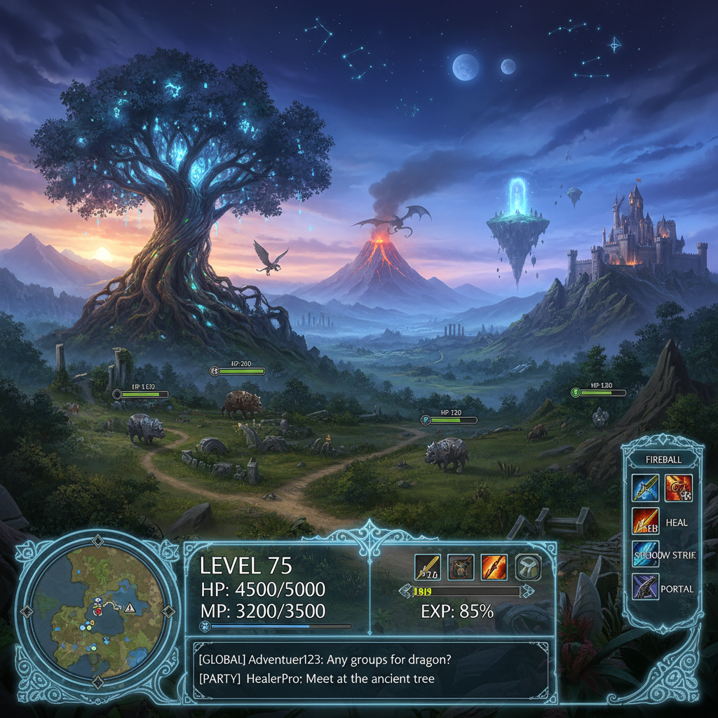 Fantasy game environment with dramatic dark atmosphere, moody forest and castle backdrop, cinematic game visual