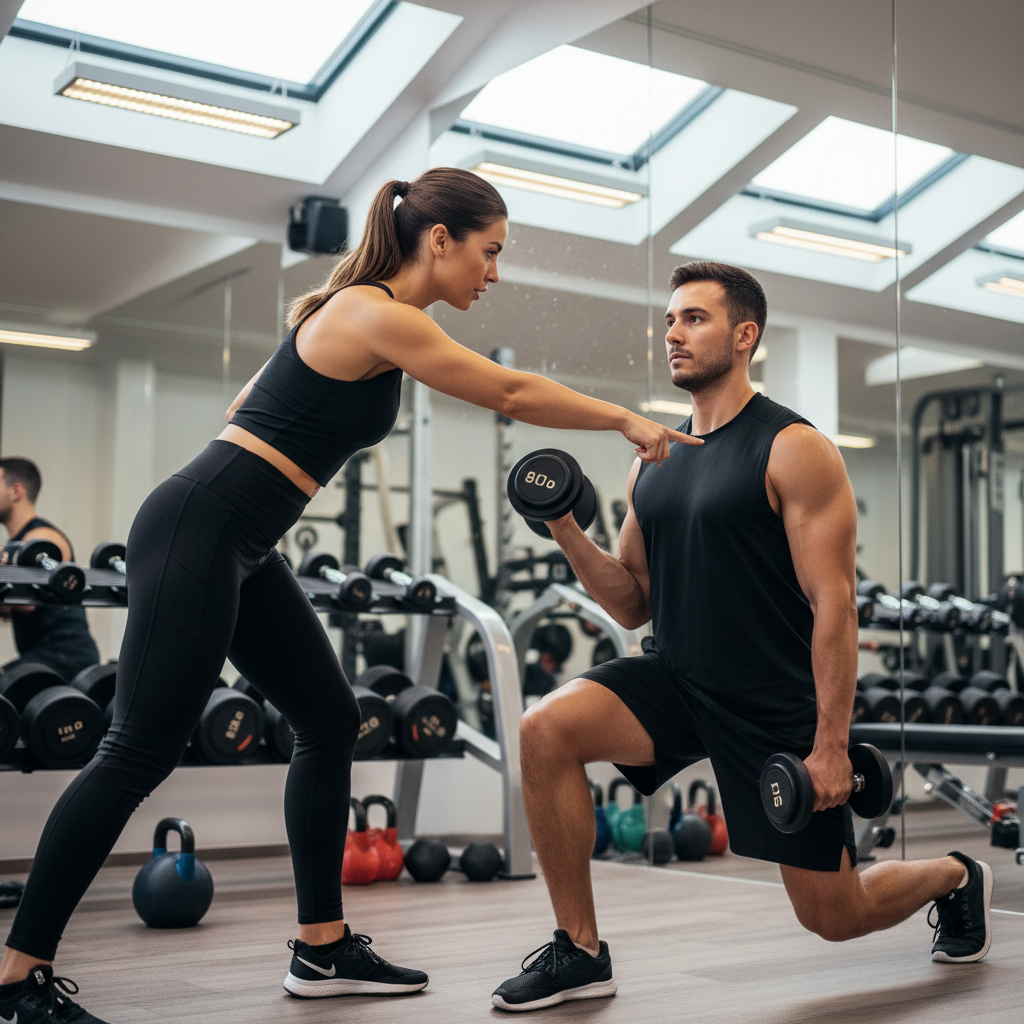 Personal trainer coaching client with dumbbells, professional gym setting, bright lighting
