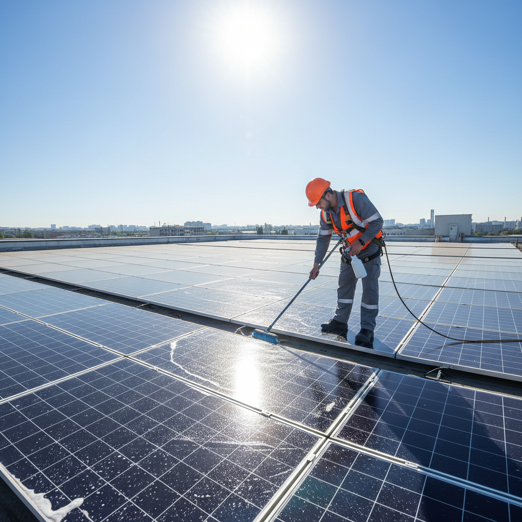 Technician cleaning and maintaining solar panels on rooftop, maintenance work, bright day