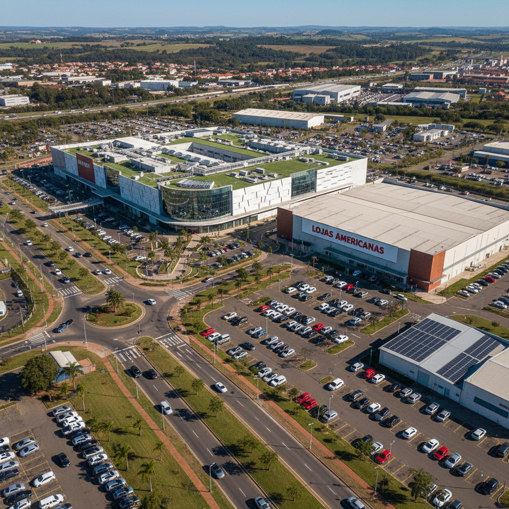 Fotografia aérea de centro comercial e loja em Cachoeirinha para divulgação e marketing