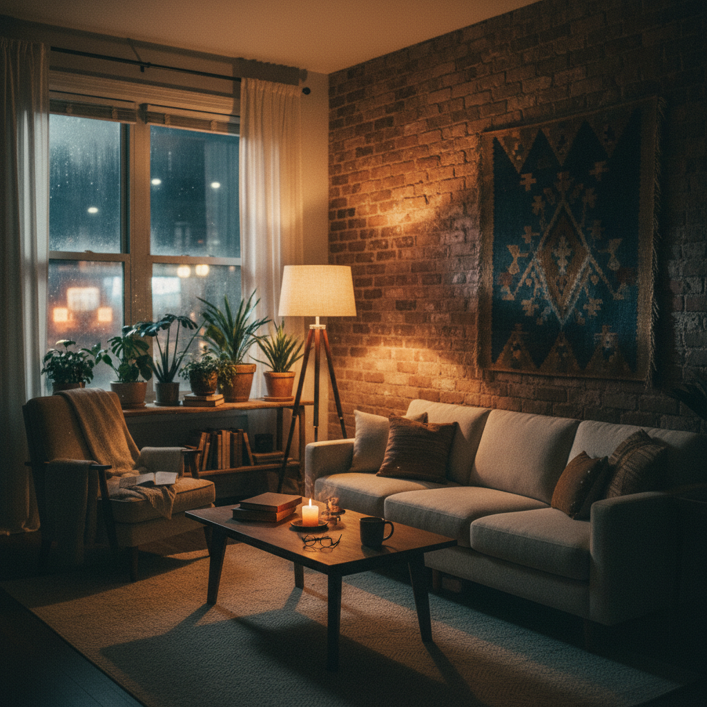 Moody interior scene with atmospheric lighting typical of prestige television drama