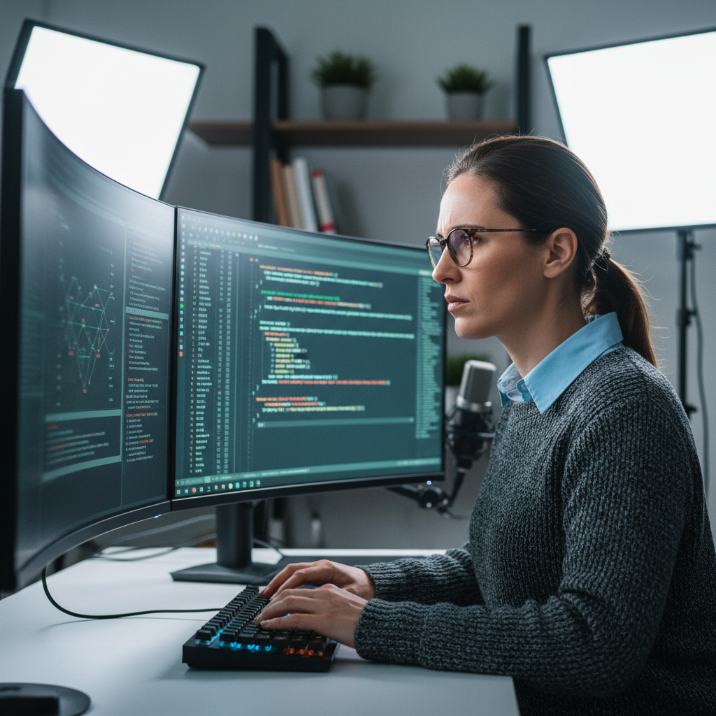 Young professional woman with glasses focused on laptop screen in modern tech workspace