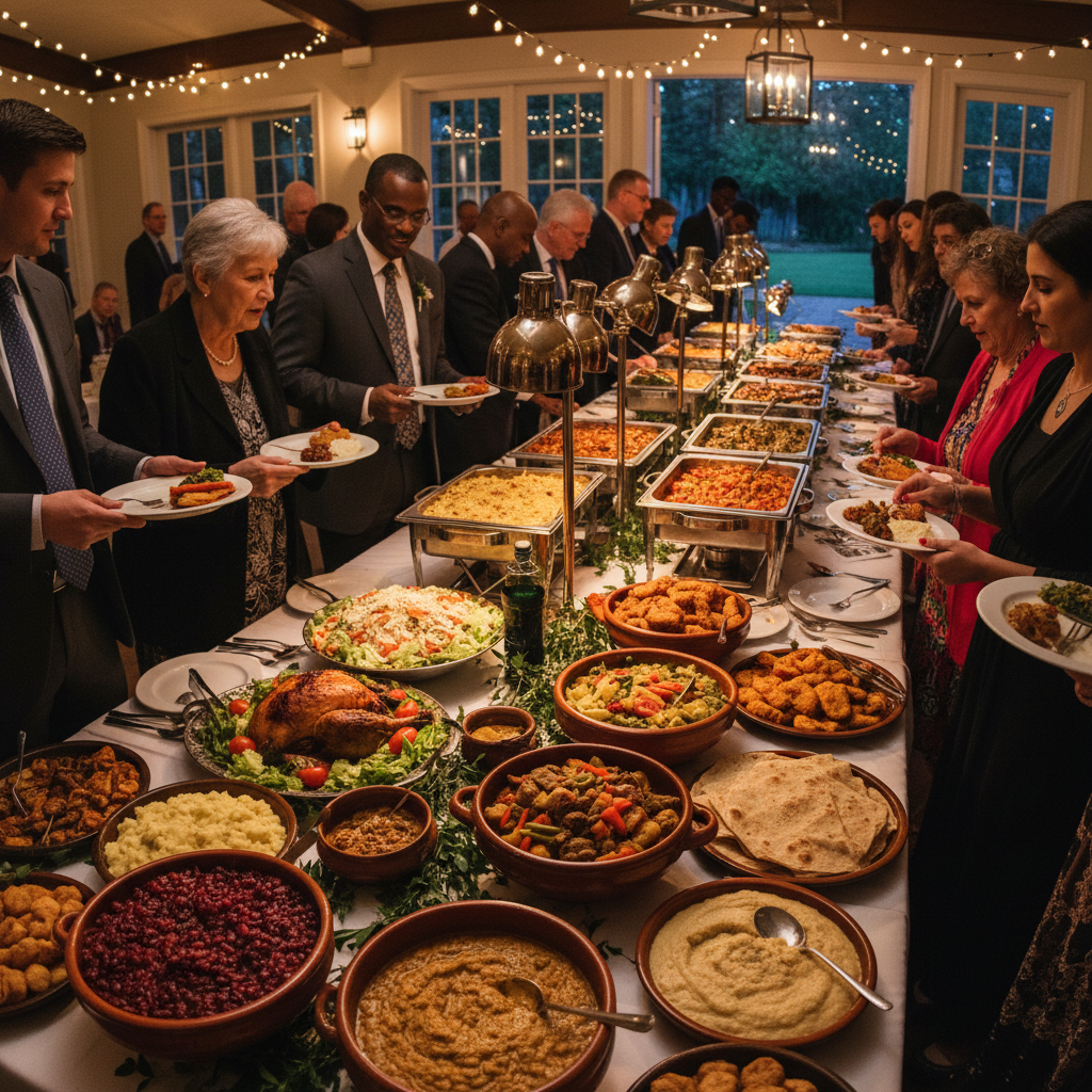 Long buffet tables set with platters of food at a church reception hall, guests serving themselves