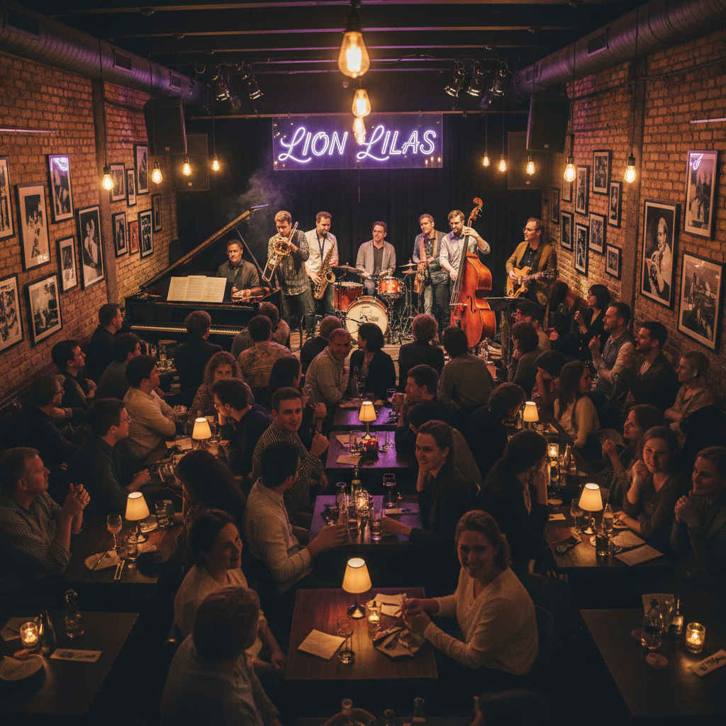 Jazz audience in a dimly lit venue, warm golden lights reflecting off faces engaged in live music