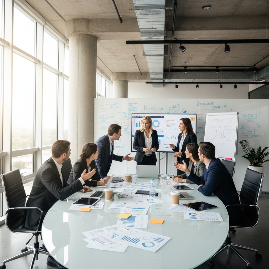 Business consultants in a modern meeting room with glass walls discussing strategy