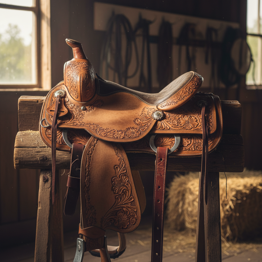 Western saddle resting on a wooden stand in a sunlit workshop