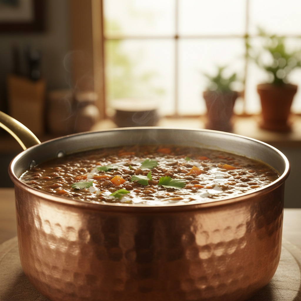 Copper pot of lentil soup catching afternoon light in a village kitchen