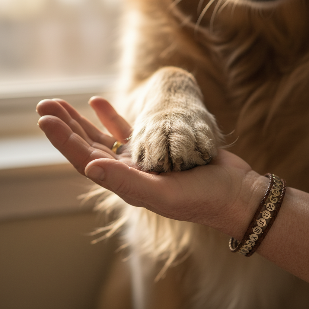 Clementine's paw resting on an owner's hand, showing the bond of twelve years
