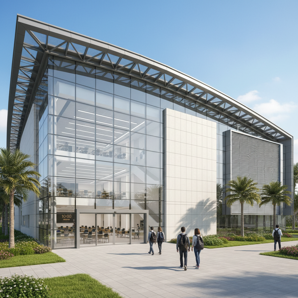 Educational building with modern architecture, open courtyard, bright natural lighting