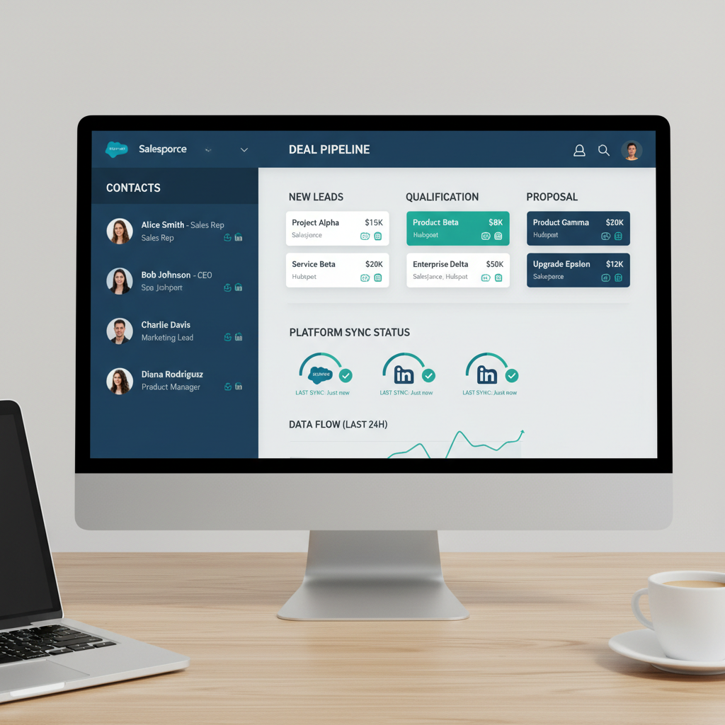 HubSpot CRM showing a deals pipeline with contact cards and activity timeline