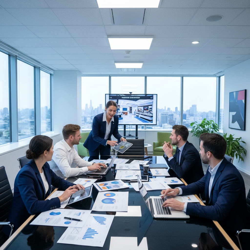 Professional business team reviewing wholesale inventory distribution plans in a modern office