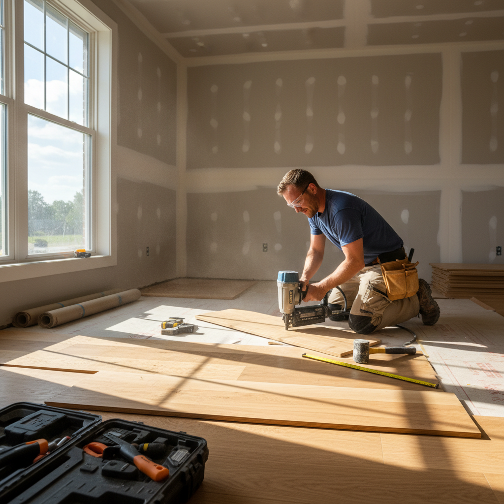 Professional hardwood flooring installation in progress, craftsman laying warm oak planks in residential home