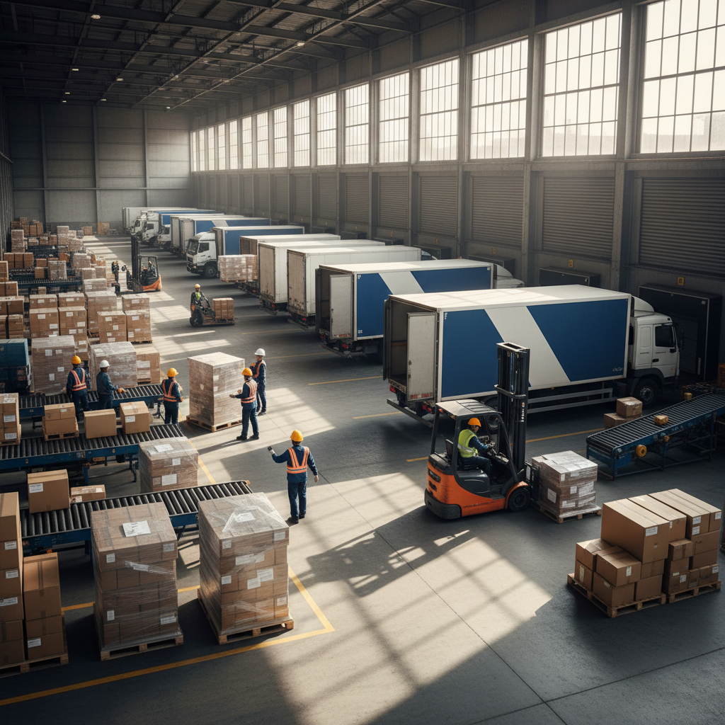 Busy logistics warehouse with forklift operations, overhead lighting, workers in safety vests, dark industrial atmosphere