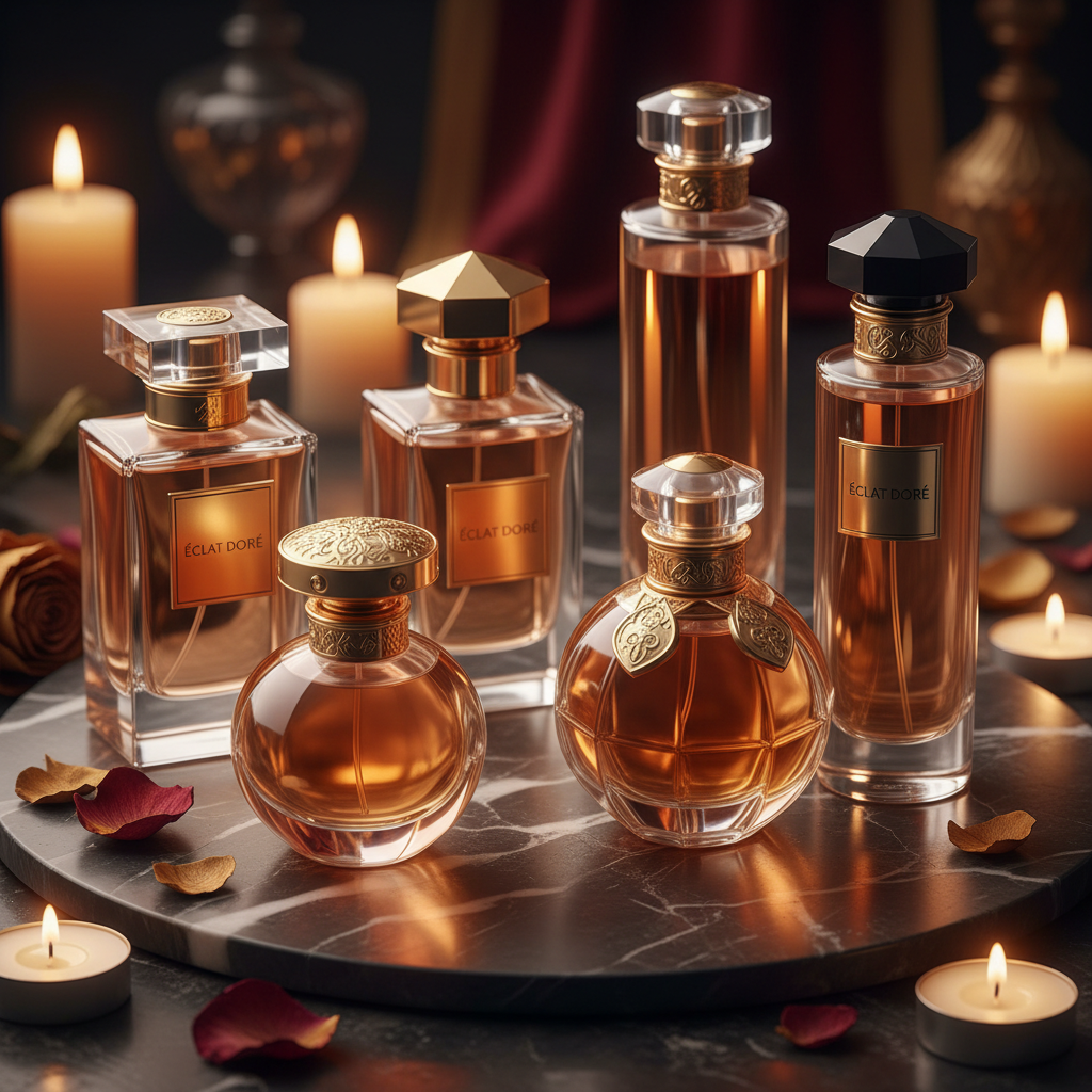 Ornate golden container with premium bakhoor incense on cream marble surface, warm candlelight ambiance