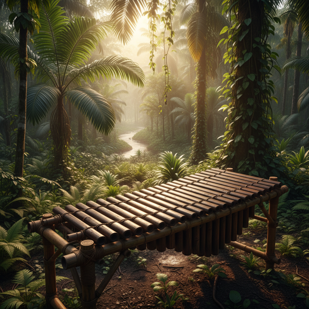 Instrumento marimba de chonta con teclas de madera en un entorno tropical del Pacífico colombiano, exuberante fondo de selva verde, luz dorada de última hora de la tarde
