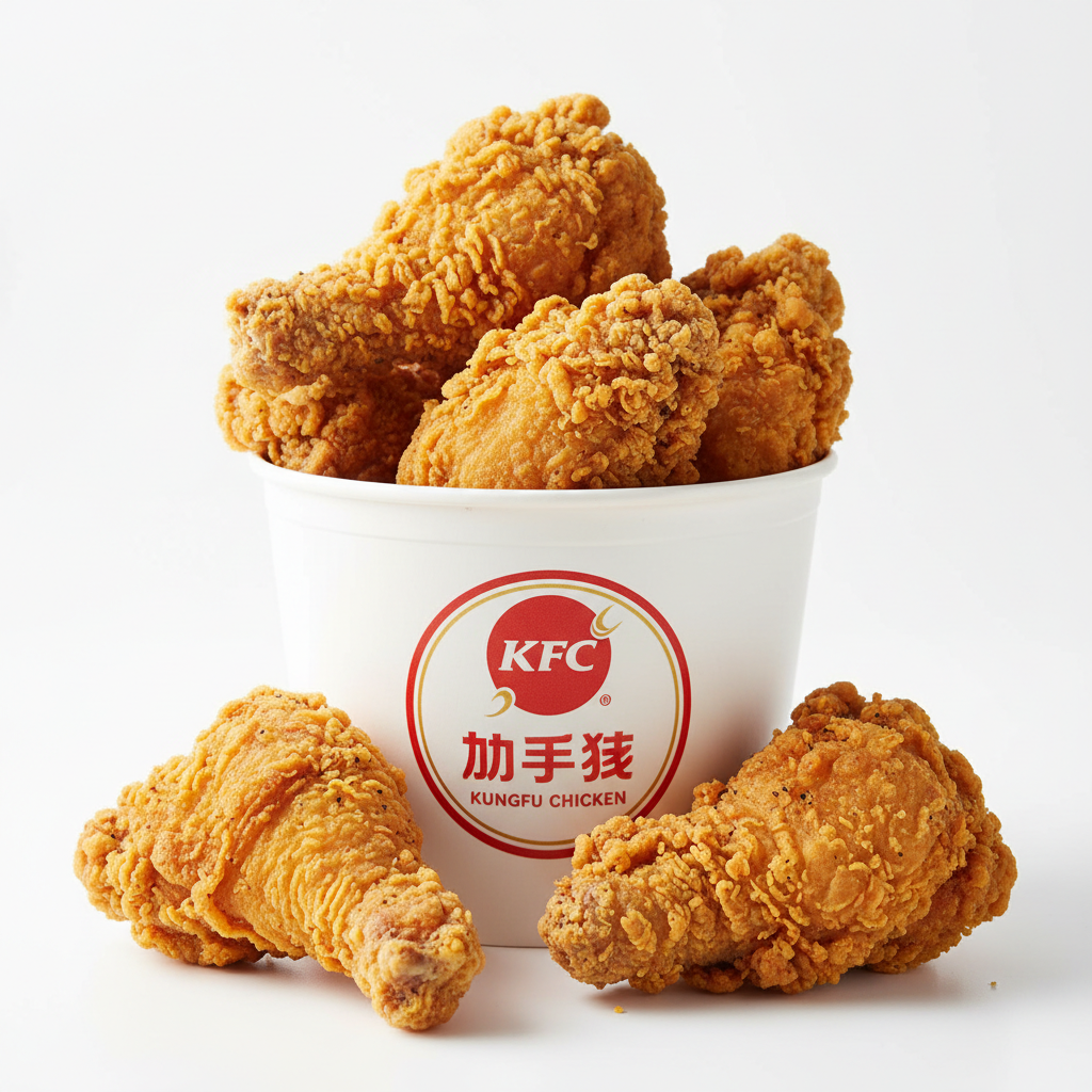 Crispy golden KFC fried chicken pieces in bright appetizing food photography
