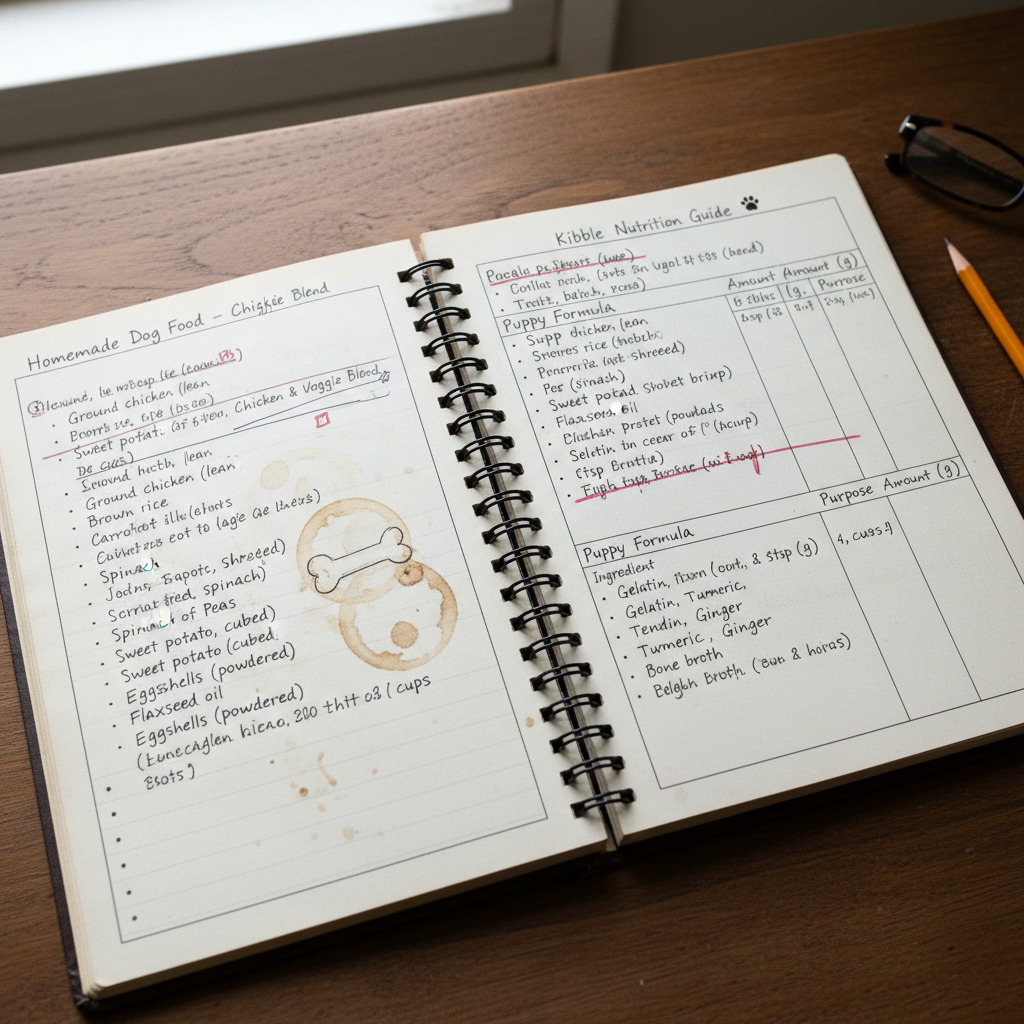 Close-up of handwritten recipe notes and ingredient lists inside the Kibble nutrition guide