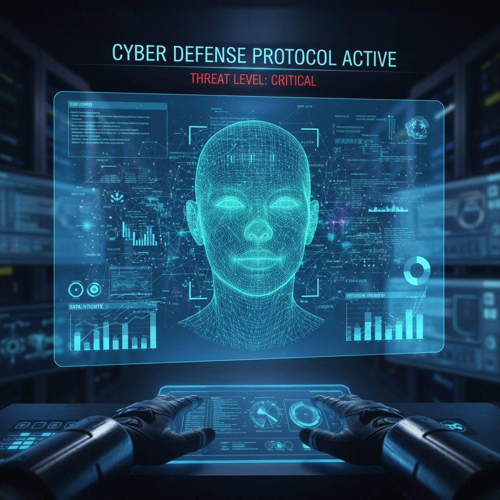 Hands typing on laptop with holographic AI interface displaying security icons