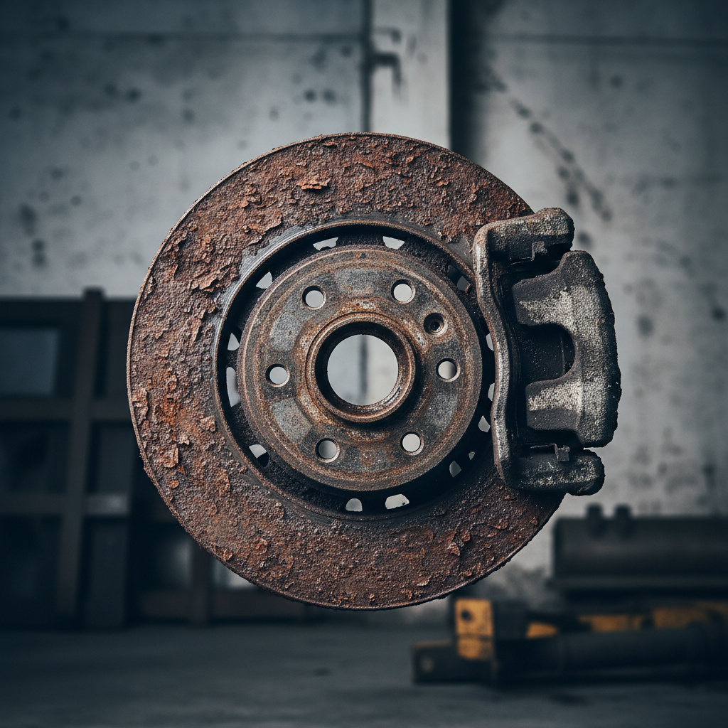 Corroded, rust-caked brake rotor assembly with pitted surface and grime buildup on caliper
