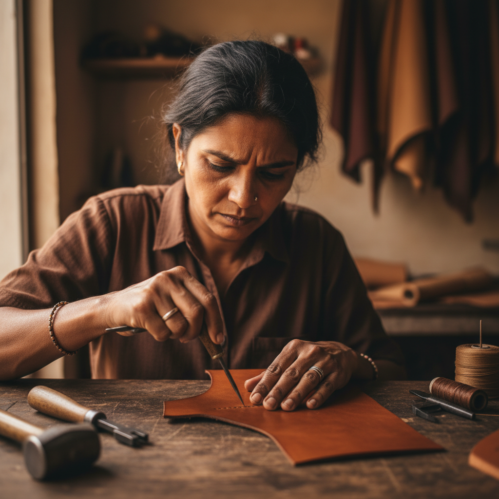 Portrait of a South Indian woman craftsperson with leather tools on a workbench
