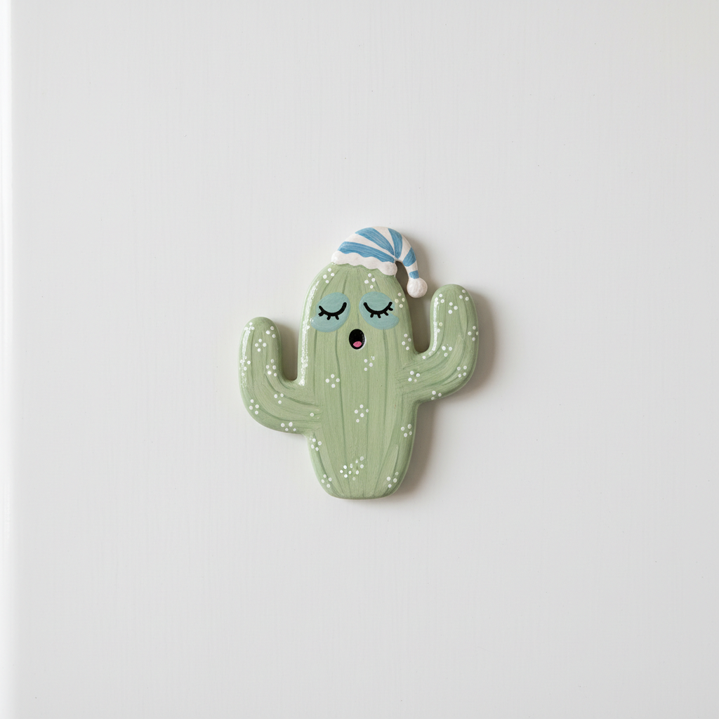 Close-up of a hand-illustrated sleepy cactus magnet on a white fridge