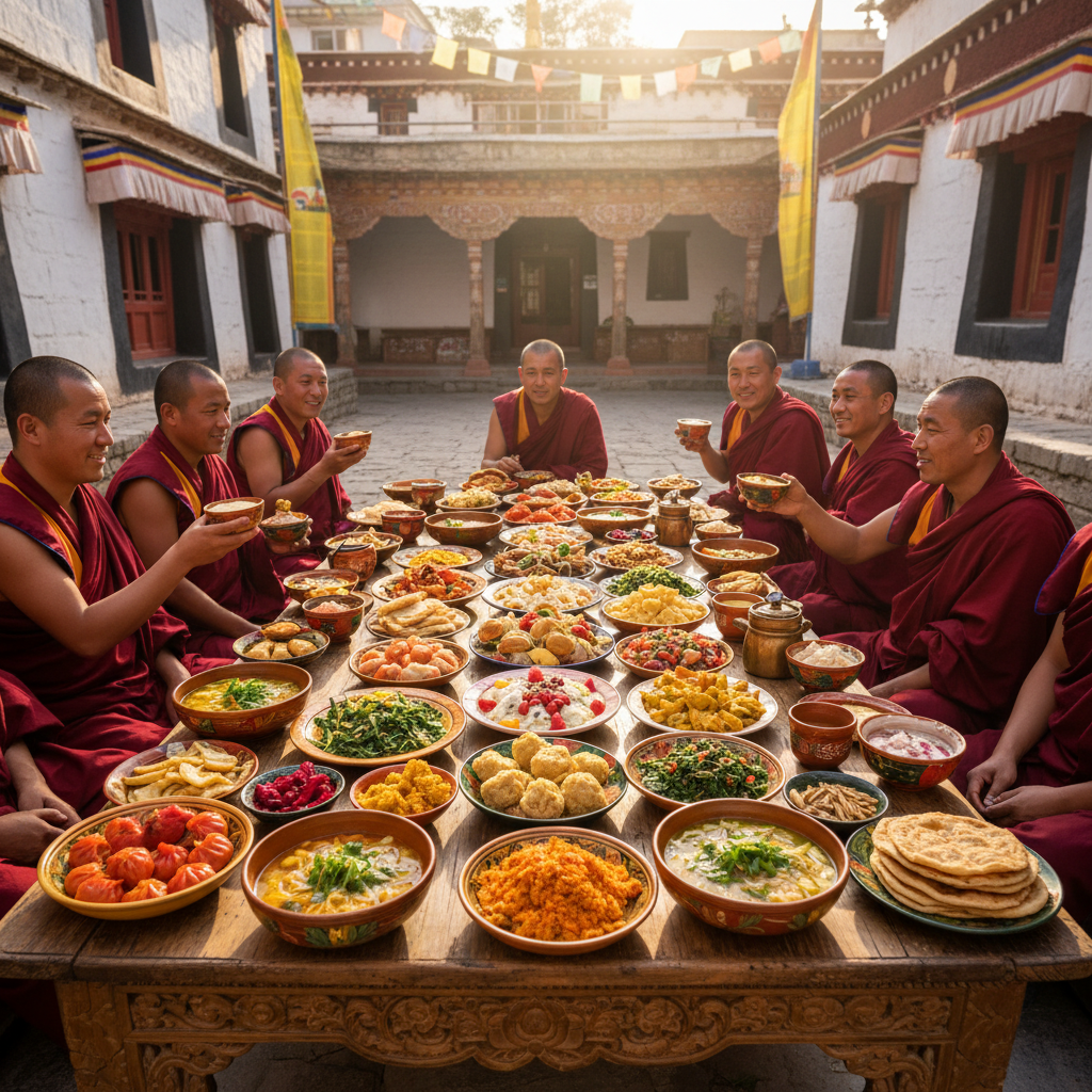 Vegetarian Tibetan feast spread on a monastery courtyard table