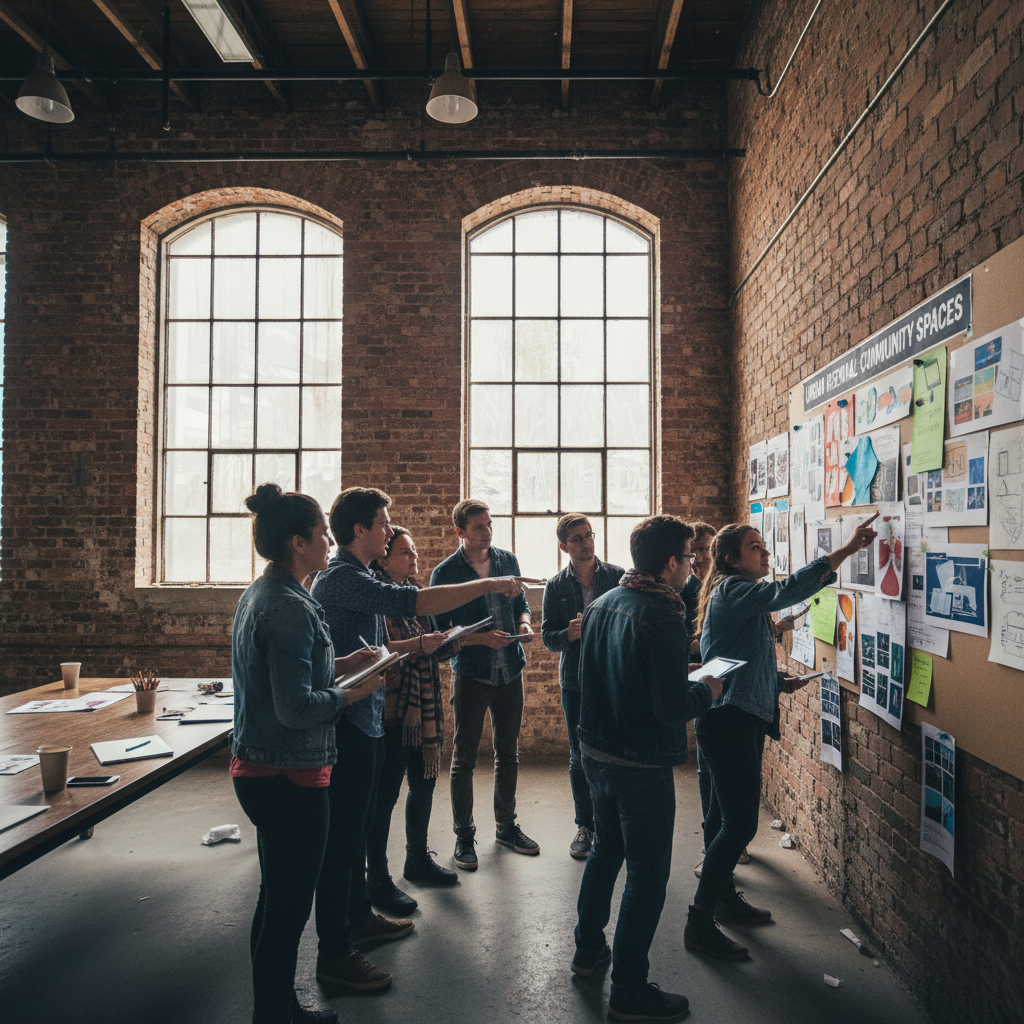 A lively design critique session with eight students gathered around pinned poster work on a warehouse wall, gesturing and discussing