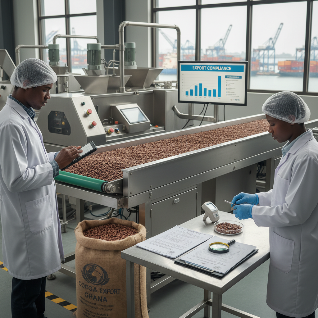 Large scale cocoa processing warehouse, Ivory Coast, industrial equipment, workers in safety gear