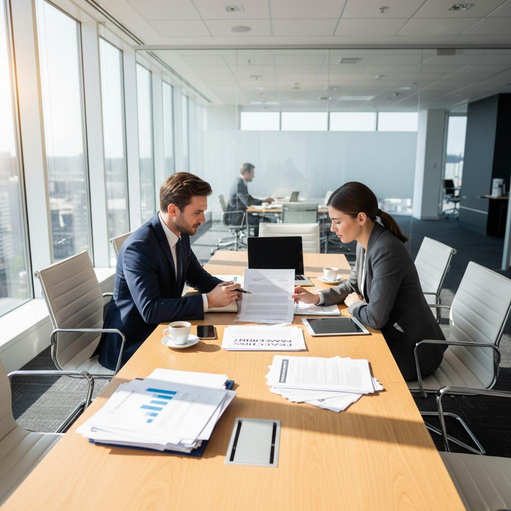 Business professionals in a bright modern office reviewing documents together at a conference table