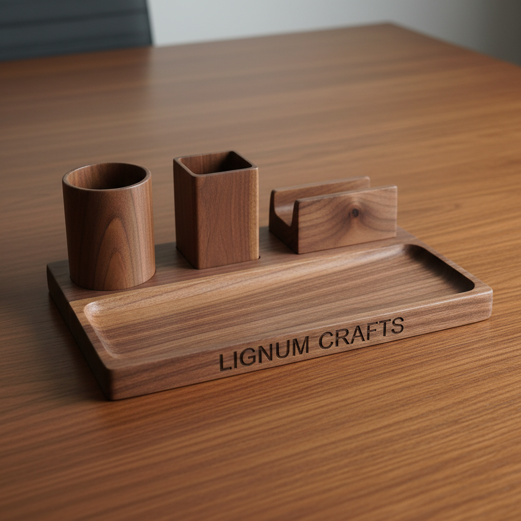 Matched set of three maple wood desktop organizers including pen tray file holder and small box