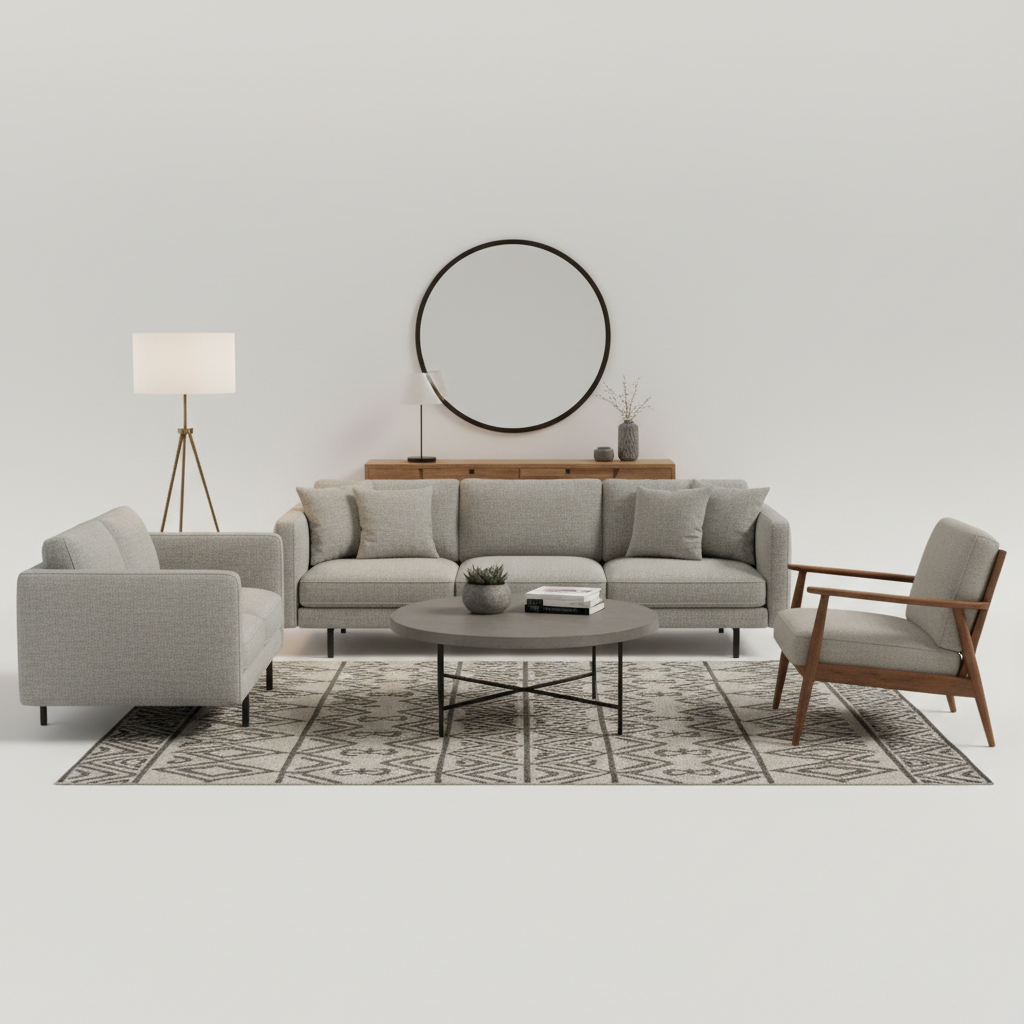 Salon moderne avec canapé gris et décoration épurée