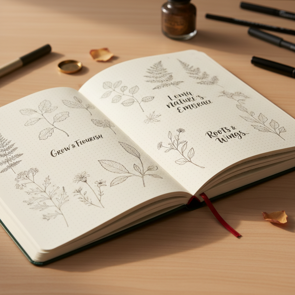 Open Leuchtturm1917 dot-grid journal with botanical sketches and hand lettering