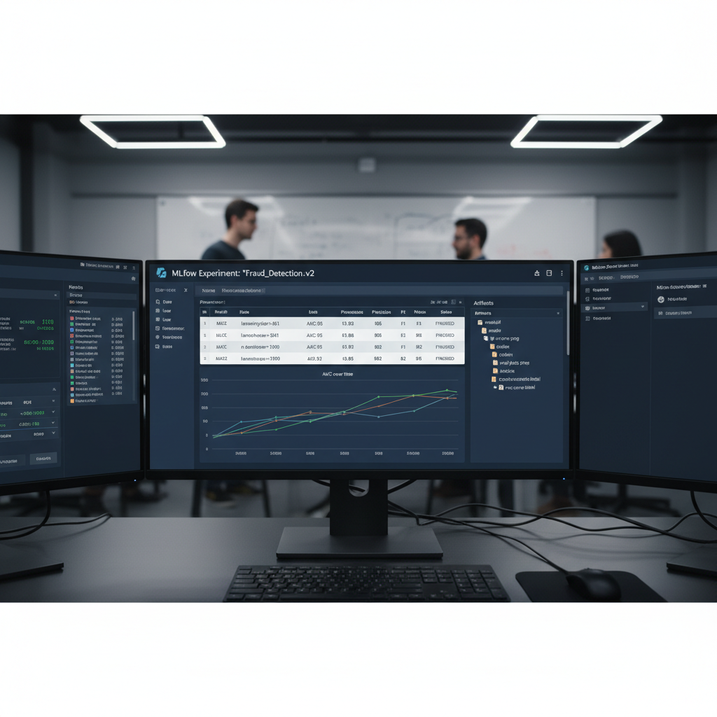 Financial data dashboard on dark monitor, blue charts and graphs, corporate office environment