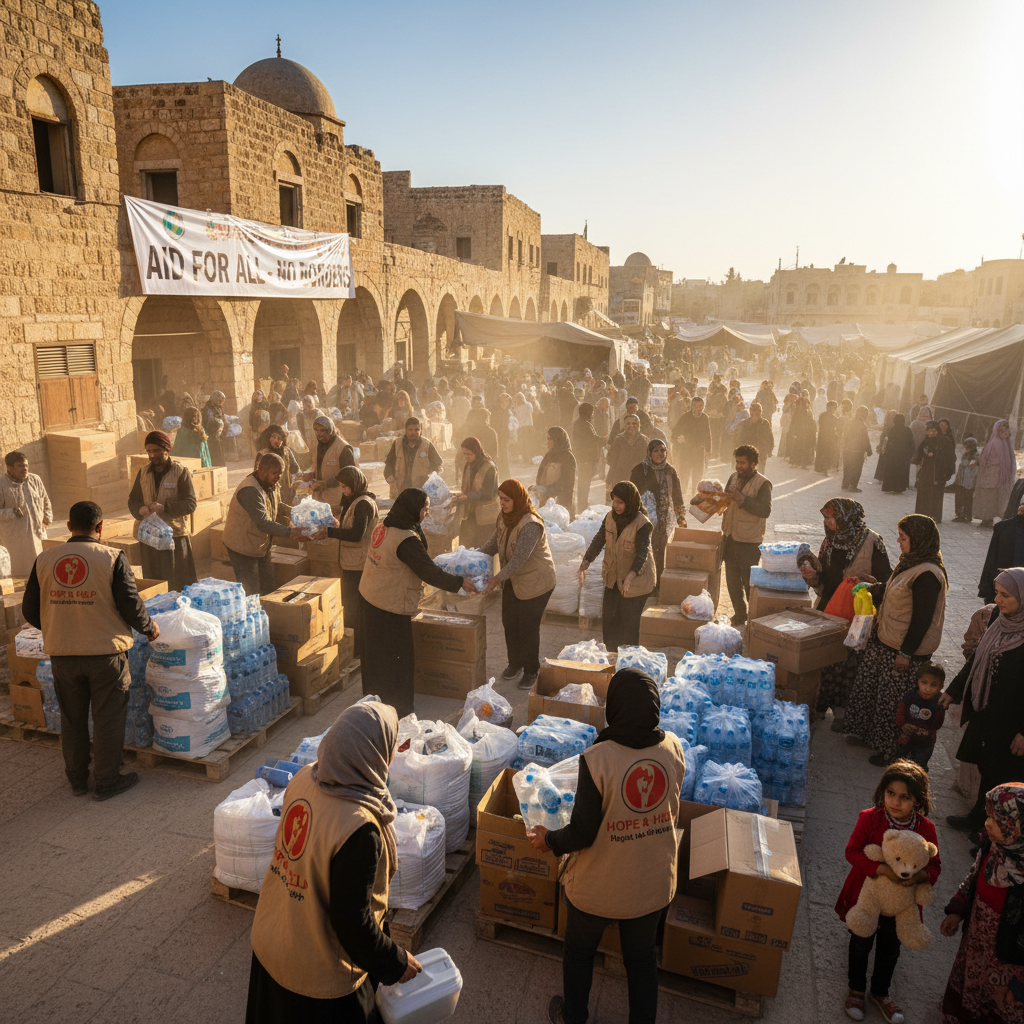 Volunteers distributing aid supplies in the Middle East