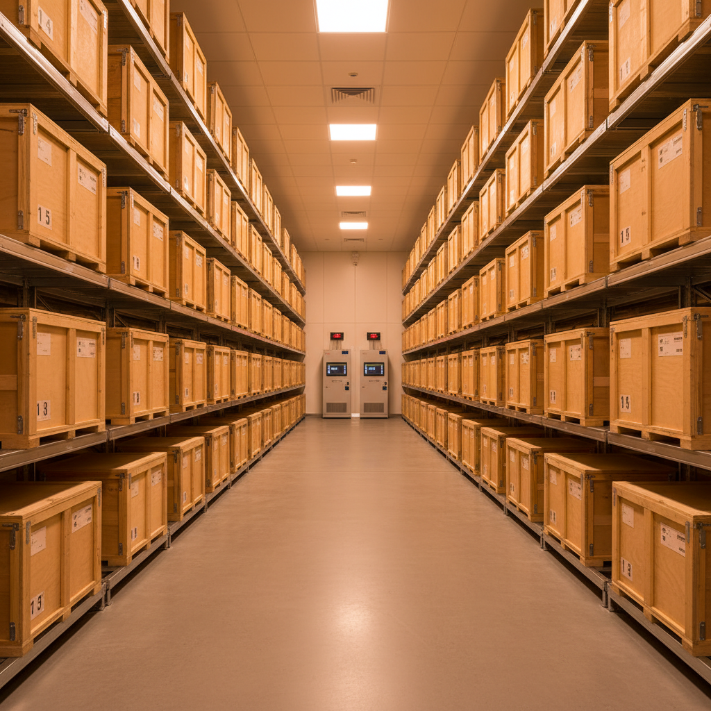 Interior of Vault fine art storage facility showing organized crates, amber lighting, and pristine climate-controlled environment