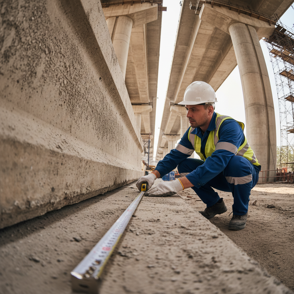Structural engineer measuring a concrete bridge beam with a tape measure, wearing a hard hat